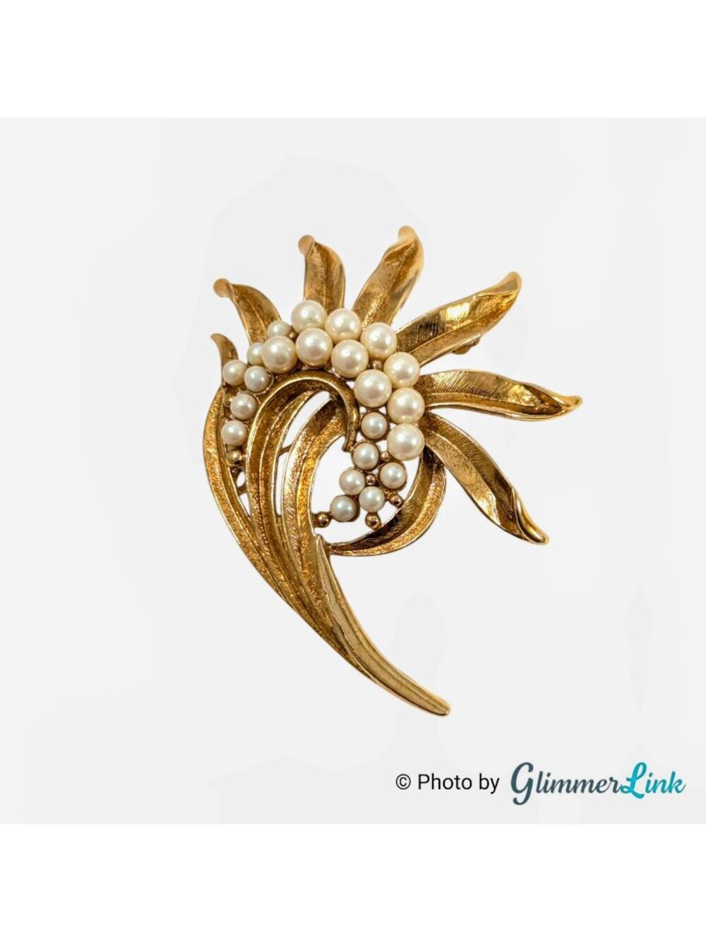 Vintage Monet Brooch – Gold Tone Leaf Spray Wave Design with Faux Pearls, 2 1/2"